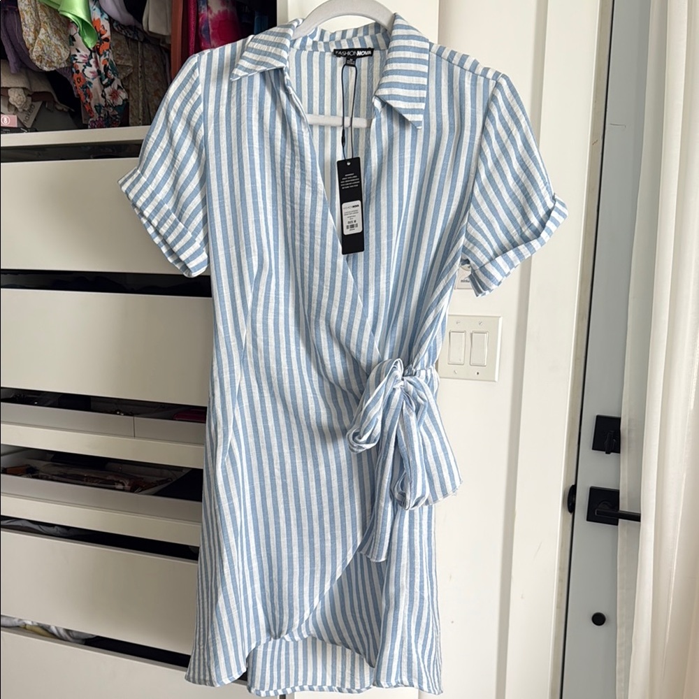 Striped Blue and White Wrap Dress
